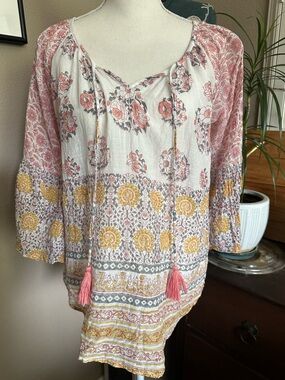 Dolma Floral Peasant Blouse in Pink, Yellow & White bell sleeves s/m